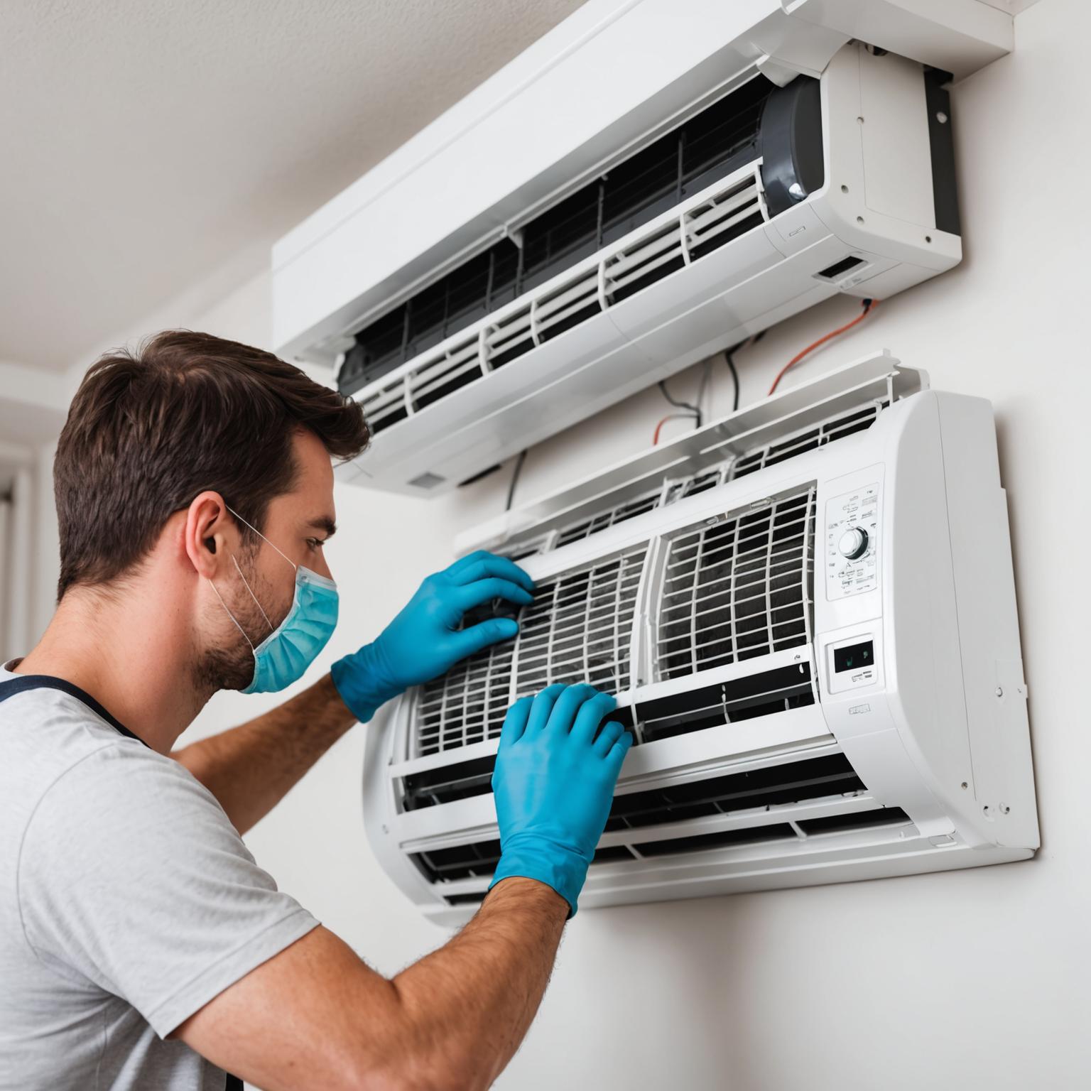 Technician cleaning air conditioner filter