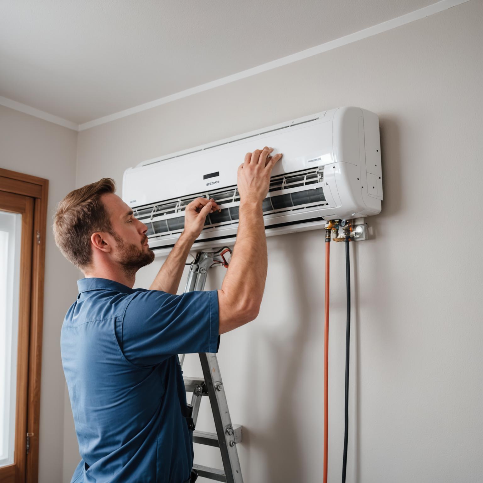 Technician mounting air conditioning unit on wall bracket