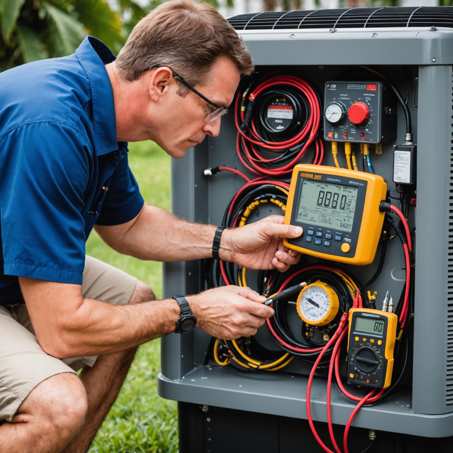 Technician testing AC electrical components with multimeter
